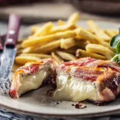 Ser camembert zawinięty w bekon, podany z frytkami i sałatką.