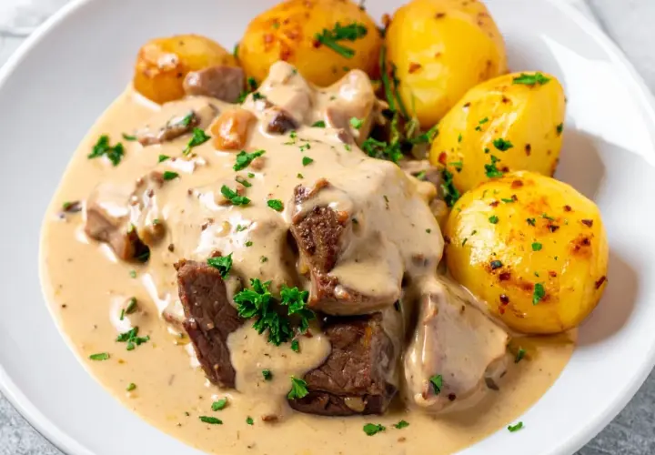 Schab w kremowym sosie z grzybami i pieczonymi ziemniakami, udekorowany natką pietruszki.
